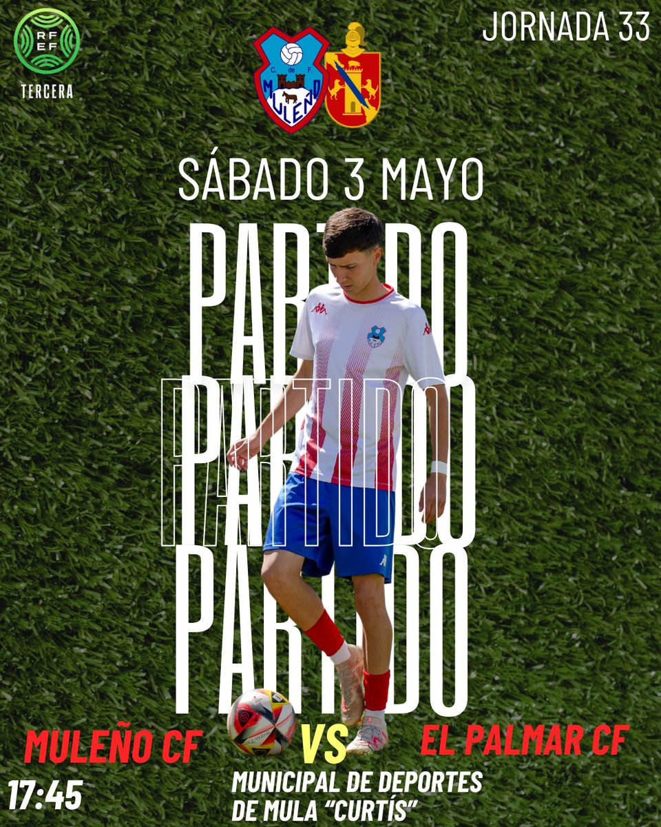 🔥𝗧𝗘𝗥𝗖𝗘𝗥𝗔 𝗥𝗙𝗘𝗙 

⚠️ÚLTIMO PARTIDO DE CASA

👉🏽¡Os queremos a todos en el Curtís para celebrar la permanencia con el equipo!

🤩¡OS ESPERAMOS!

⚽️JORNADA 33
🆚 <a href="/EGelpalmar/">El Palmar CF</a> 
🗓️ Sábado 3 mayo
⏰ 17:45
🏟️ Municipal de Deportes de Mula “Curtís”

#VamosMuleñoHastaElFinal❤️🤍