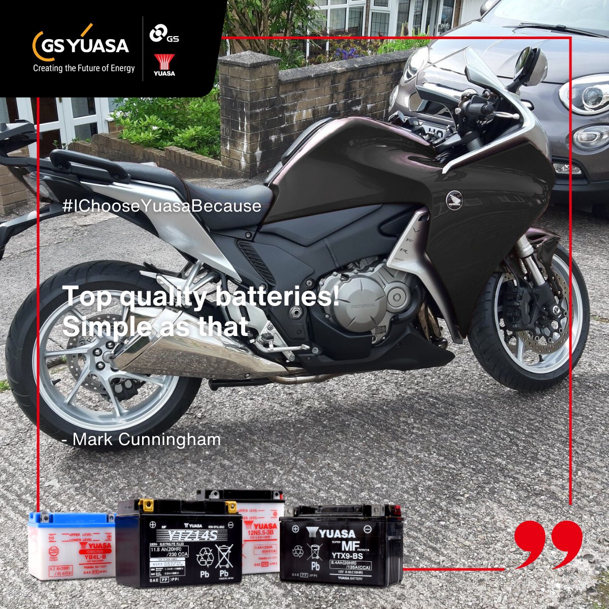 ⚡Mark chooses Yuasa because top quality is non-negotiable.

When your ride means everything, only the best will do.

#YourWordsNotOurs #IChooseYuasaBecause #PoweringWhatMatters #GSYuasa #UpgradeToYuasa