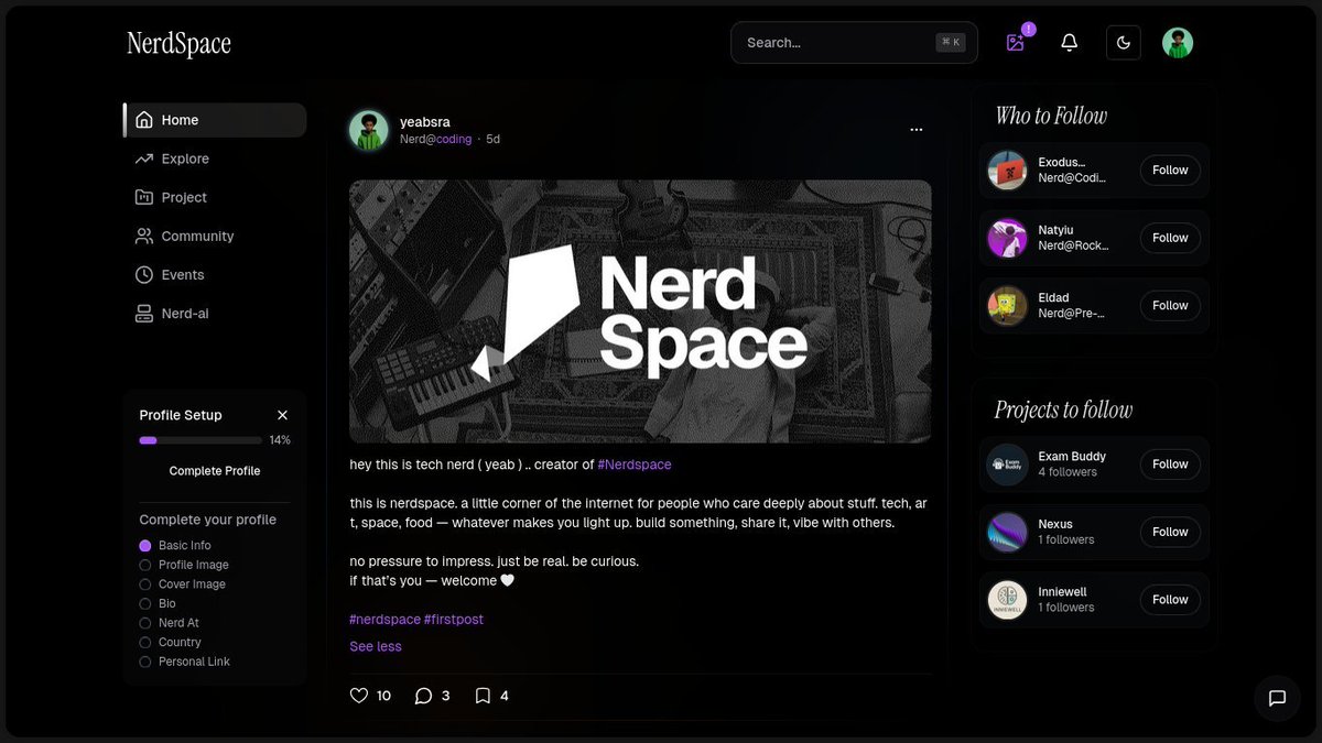 I’ve been working on <a href="/Nerd_space1/">Nerdspace</a> ( my new side project ) for the past month — a place for people who love making things, getting lost in ideas, and sharing their creations. It’s all about that curious, obsessed, passionate energy. 

<a href="/FarzaTV/">Farza 🇵🇰🇺🇸</a> <a href="/kirat_tw/">Harkirat Singh</a>