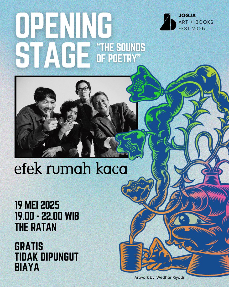 Efek Rumah Kaca (@efekrumahkaca) akan membuka Jogja Art+Books Fest 2025 nih  fren! #JABFest2025 dengan tema: Kereta-Api yang Berangkat Pagi Hari: 82  Tahun Kuntowijoyo. Mari rayakan, Yang Baik Akan Datang! 🙌🏻🙌🏻  #JABFest2025 #JogjaArtBooksFestival #, image size:960x1200