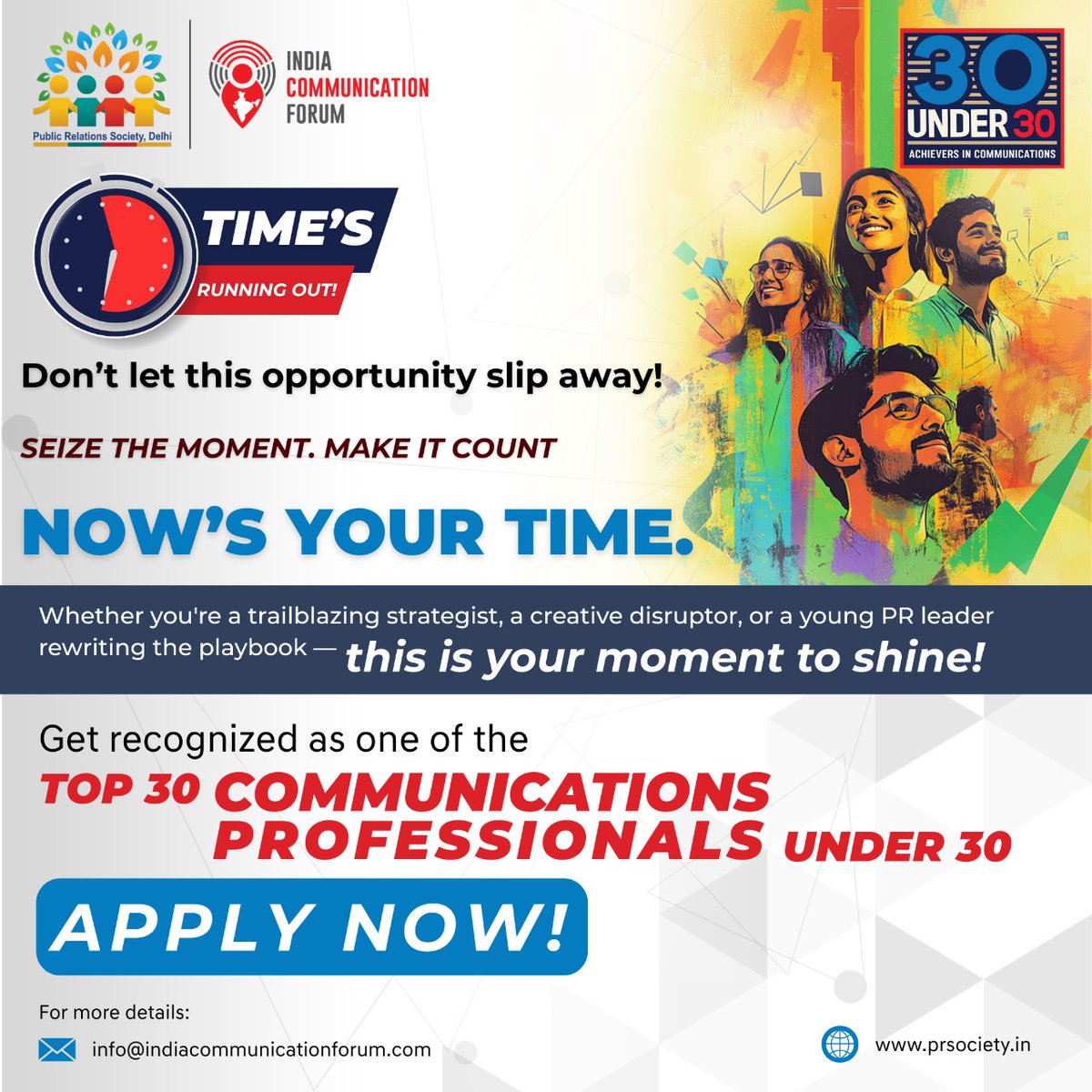 ICF_Ind's tweet image. Time’s Almost Up, Communicators!

Have you claimed your spot (or nominated a game-changer) for the 30 Under 30 yet?

The early bird window is closing fast, and the list is filling quicker than ever! 

#30Under30 #PRSD #ICF #NominateNow #YoungAchievers