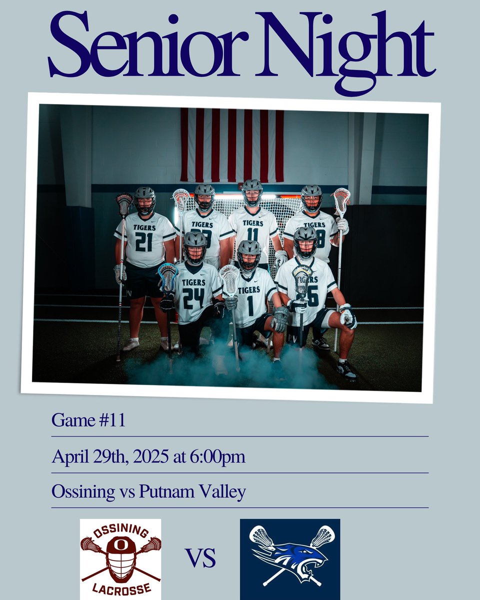 🚨GAMEDAY🚨

Game #11. Senior Night. 

🆚 Ossining
⏰ 6:00pm
📍Putnam Valley HS 

<a href="/LoHudLacrosse/">lohud lacrosse</a> <a href="/KDJmedia1/">Kevin Devaney Jr.</a> <a href="/pvhs_athletics_/">Putnam Valley Athletics</a>