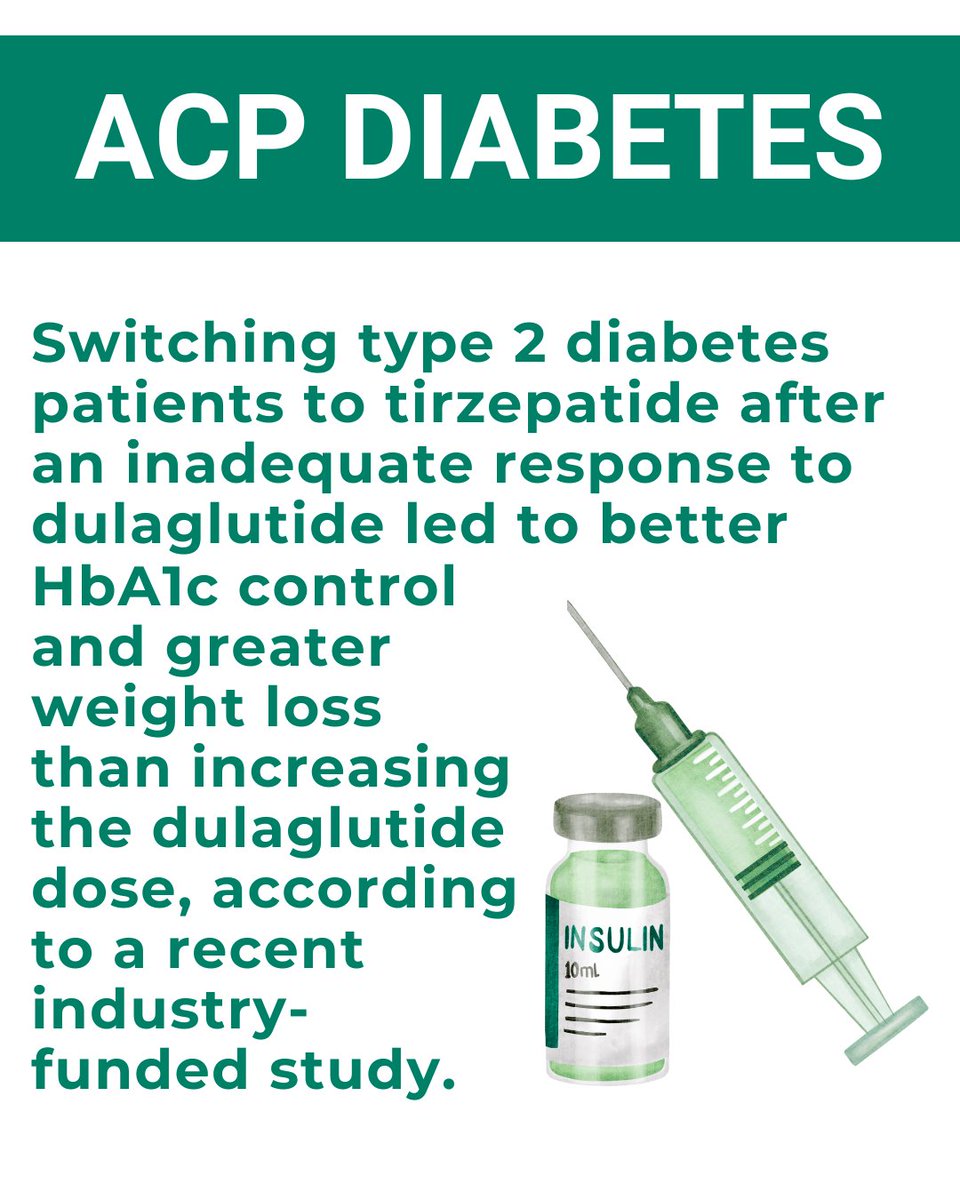 IowaACP's tweet image. An industry-funded randomized trial found that switching to tirzepatide after inadequate response to dulaglutide led to significant additional reductions in HbA1c levels and weight at 40 weeks compared with increasing the dulaglutide dose.
🔗Read more: l8r.it/2OR6