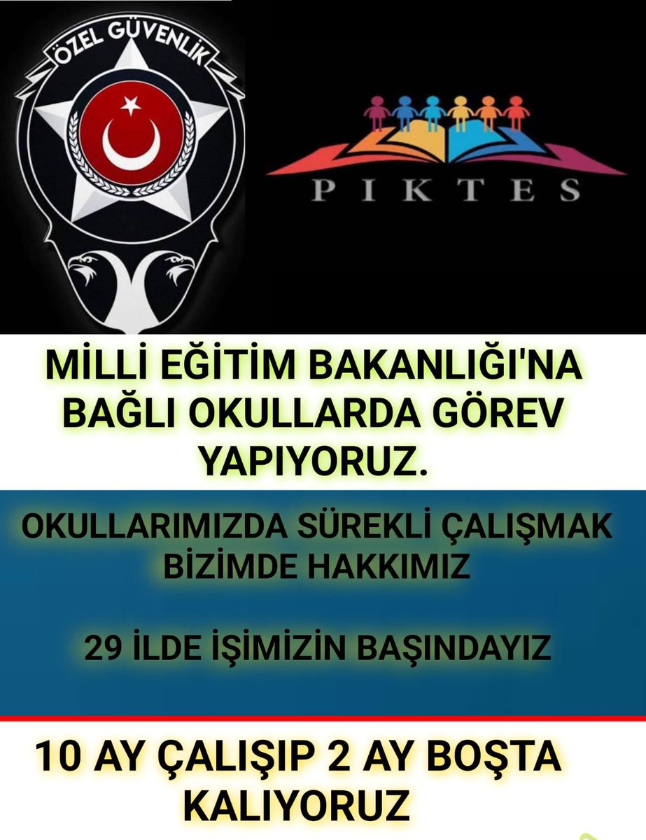 #Piktesekadrohaktır
Her Dönem 3 ay maaşsız kalıyoruz
Okullarımızda 12 ay Daimi çalışmak istiyoruz 
<a href="/Yusuf__Tekin/">Yusuf Tekin</a> 
<a href="/turkiskonf/">TÜRK-İŞ</a> 
<a href="/mebhbogm/">MEB Hayat Boyu Öğrenme Genel Müdürlüğü</a> 
<a href="/CelileErenOKTEN/">Celile Eren ÖKTEN</a> 
<a href="/cengizmete/">Cengiz Mete</a> 
<a href="/chnkvnc/">Cihan KIVANÇ</a> 
<a href="/Guvenlik_is/">Güvenlik-İş Sendikası</a> 
<a href="/omercagirici/">Ömer Çağırıcı</a> 
<a href="/FevziKARATAS/">Fevzi KARATAŞ</a> 
<a href="/alemdareyup/">Eyüp Alemdar</a> 
<a href="/csgbakanligi/">T.C. Çalışma ve Sosyal Güvenlik Bakanlığı</a> 
<a href="/RTErdogan/">Recep Tayyip Erdoğan</a>
<a href="/Akparti/">AK Parti</a>