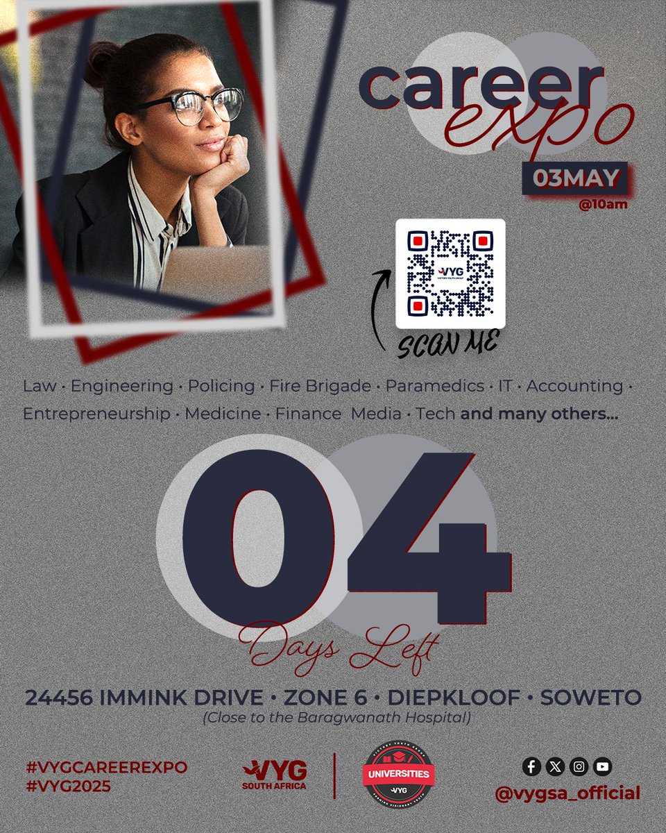 vygsa_official's tweet photo. Just 4 days to go!🤩
The VYG Career Expo is about to LEVEL UP your future!🚀
Get ready to explore,dream BIG and unlock your purpose👌😁.
For more details send us a DM📬
#VYGSA #CareerExpo #Matrics #Students #Opportunities #UnlockPotential https://t.co/5BVUCZA10Z