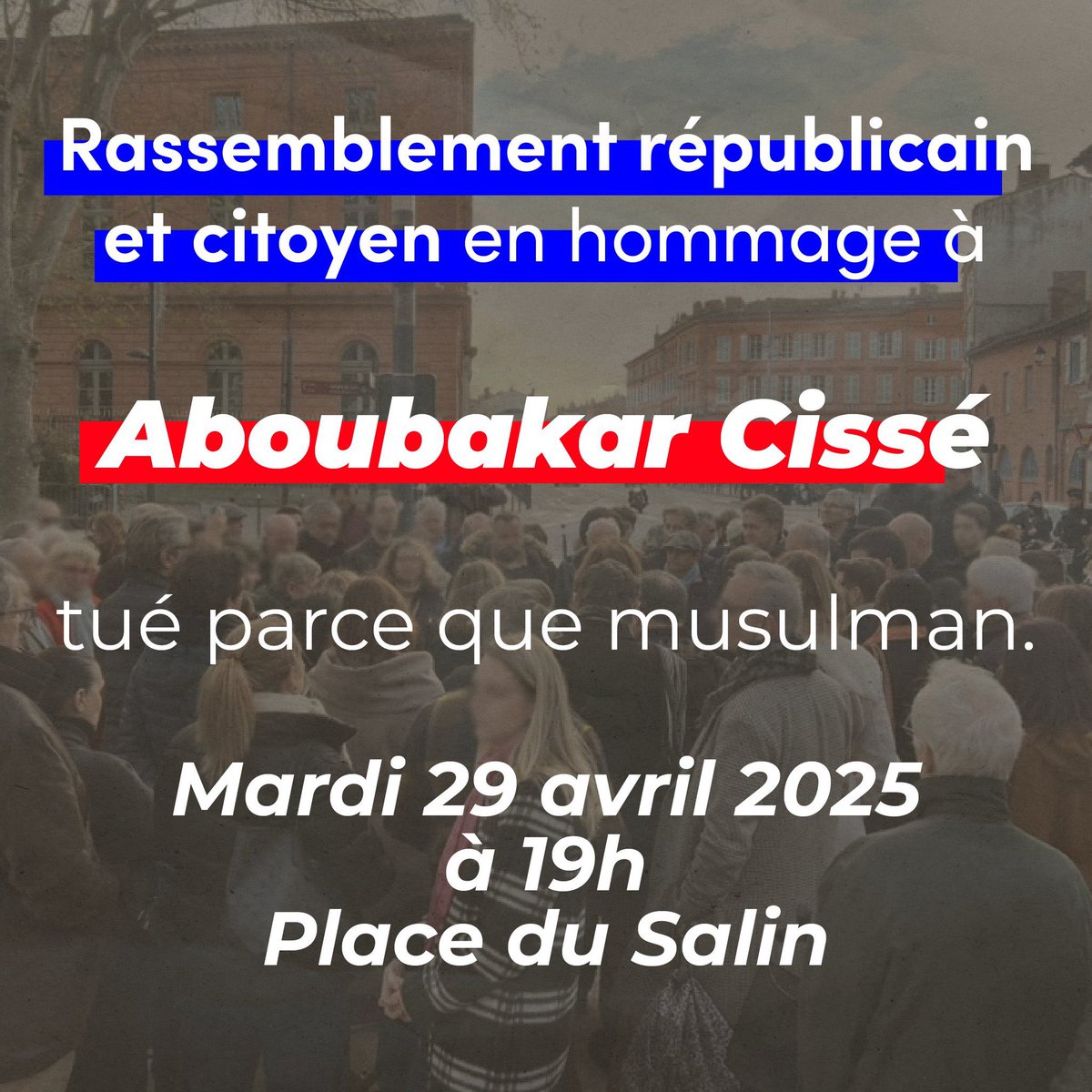 🚨le MRC de la Haute-Garonne se joint à l'appel pour un rassemblement républicain et citoyen en hommage à Aboubakar Cissé.🚨
Rendez-vous ce soir à 19h, place du Salin à #Toulouse.