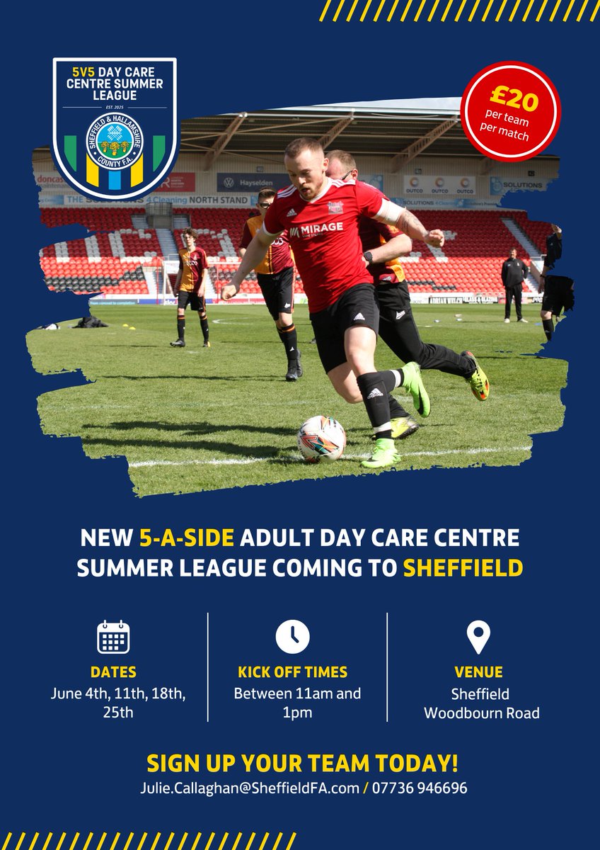 Sheffield FA ⚽️ (@shcfa) on Twitter photo We're launching a brand-new Adult Day Care Centre 5v5 Summer League in Sheffield ⚽
📅 Dates: June 4th, 11th, 18th, 25th
⏰ Kick-off times: Between 11am and 1pm
📍 Venue: Sheffield Woodbourn Road
Sign up your team by emailing 📧 Julie.Callaghan@SheffieldFA.com We're launching a brand-new Adult Day Care Centre 5v5 Summer League in Sheffield ⚽
📅 Dates: June 4th, 11th, 18th, 25th
⏰ Kick-off times: Between 11am and 1pm
📍 Venue: Sheffield Woodbourn Road
Sign up your team by emailing 📧 Julie.Callaghan@SheffieldFA.com