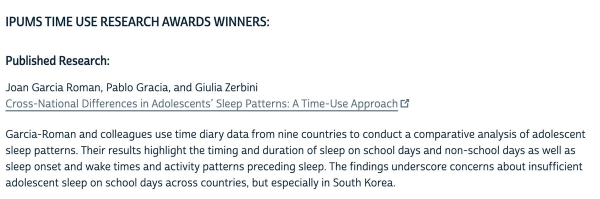 Thrilled that our #Adolescent #Sleep paper is among the 2024 IPUMS Research Awards Winners!🪇

Thanks <a href="/ipums/">IPUMS</a> for the award!😊

Read our paper (with <a href="/J_GarciaRoman/">Joan Garcia</a> &amp; Giulia Zerbini) as #OpenAccess and see the awardees details 👇

🔗tandfonline.com/doi/full/10.10…
🔗ipums.org/2024-award-win…