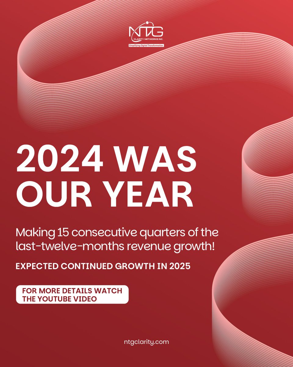 NTGClarityInc's tweet photo. 2024 was an amazing year for #NTG, making 15 consecutive quarters of last-twelve-months revenue growth! We held our quarterly earnings conference call to discuss the results and our expected continued growth in 2025.

Watch Now: https://t.co/YidpSOkl4c https://t.co/u7WgOQDyoc