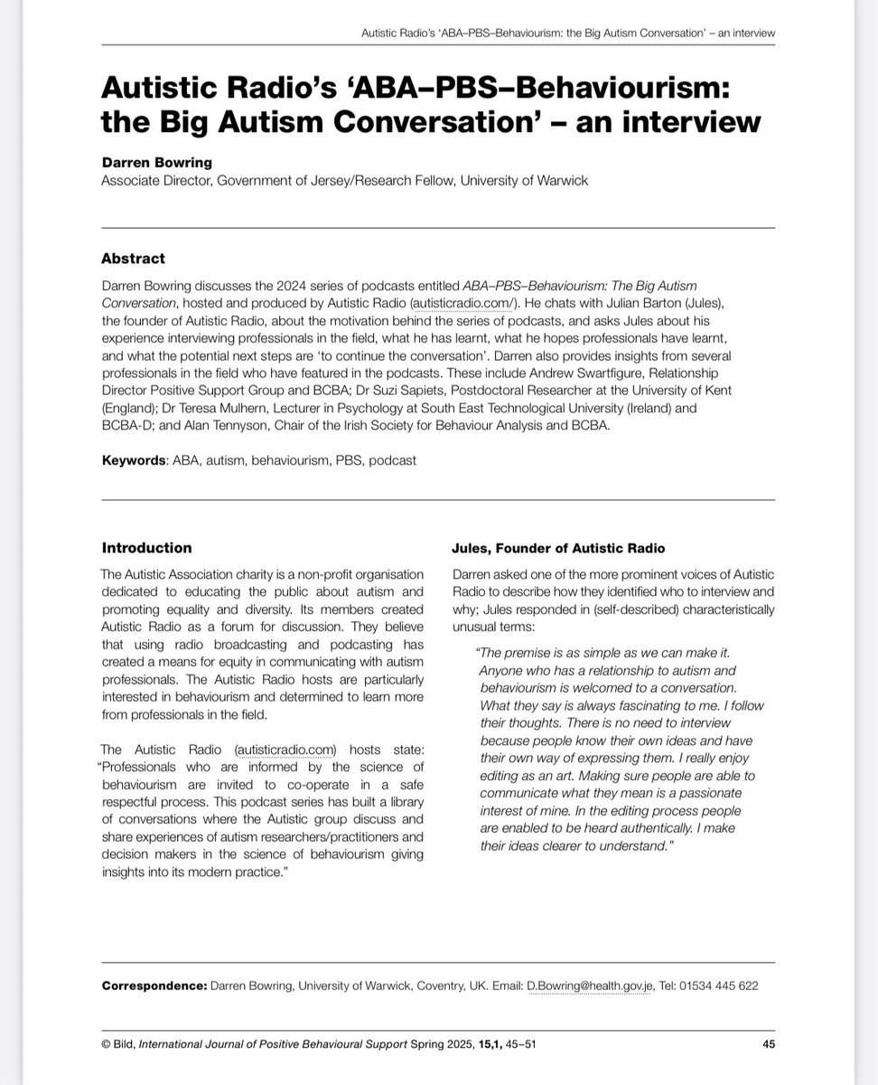 I was delighted to interview Jules at Autistic Radio and Behaviour Analysts and Researchers on the series of podcasts ‘ABA-PBS-Behaviourism: the Big Autism Conversation’. Available now in IJPBS ingentaconnect.com/contentone/bil…
