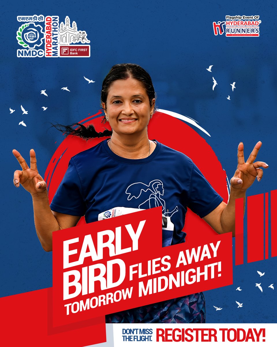 Marathon_Hyd's tweet photo. ⏳ The Early Bird ends tomorrow!
Don’t miss your chance to be part of the NMDC Hyderabad Marathon 2025 at the best price.
Run for milestones, not just miles — Register now and save! 🏃♀🏃♂
#HyderabadMarathon #EarlyBird #LegendaryRun #RunForMore #HyderabadRunners https://t.co/jqr1UB5255