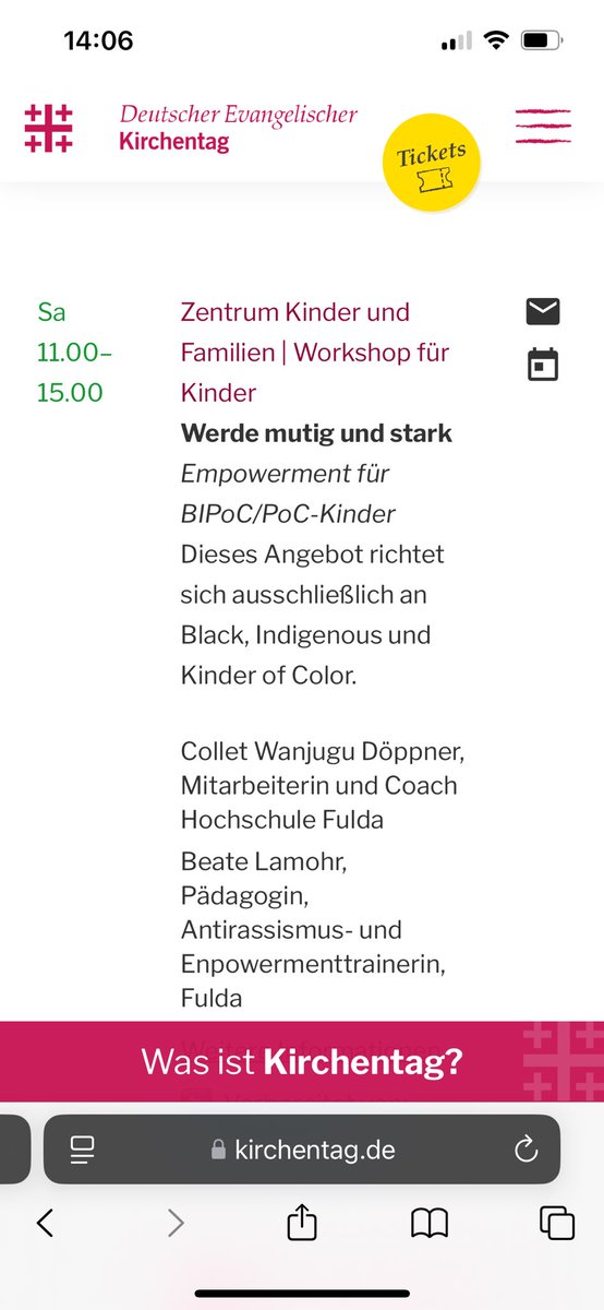 Ich finde es gut, liebe <a href="/EKD/">Evangelische Kirche</a>, Kinder zu stärken und zu Menschen zu erziehen, die auch mal Mut zeigen. Dies sollte immer gemeinsam geschehen und sich an alle Kinder richten, unabhängig von Herkunft, Hautfarbe, Religion etc. Dieses Angebot bei eurem <a href="/kirchentag_de/">Dt. Ev. Kirchentag</a>, das sich