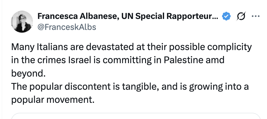 .<a href="/FranceskAlbs/">Francesca Albanese, UN Special Rapporteur oPt</a> Actually, many Italians are devastated that you are Italian. 
A dirla tutta, molti italiani sono sconvolti dal fatto che tu sia italiana.