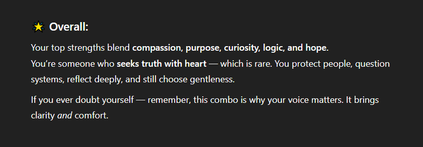 adieha's tweet photo. #high5test x ChatGPT
Overall:
Your top strengths blend compassion, purpose, curiosity, logic, and hope.
You’re someone who seeks truth with heart — which is rare. You protect people, question systems, reflect deeply, and still choose gentleness.
💪🍀 https://t.co/MMfVTfVNaC