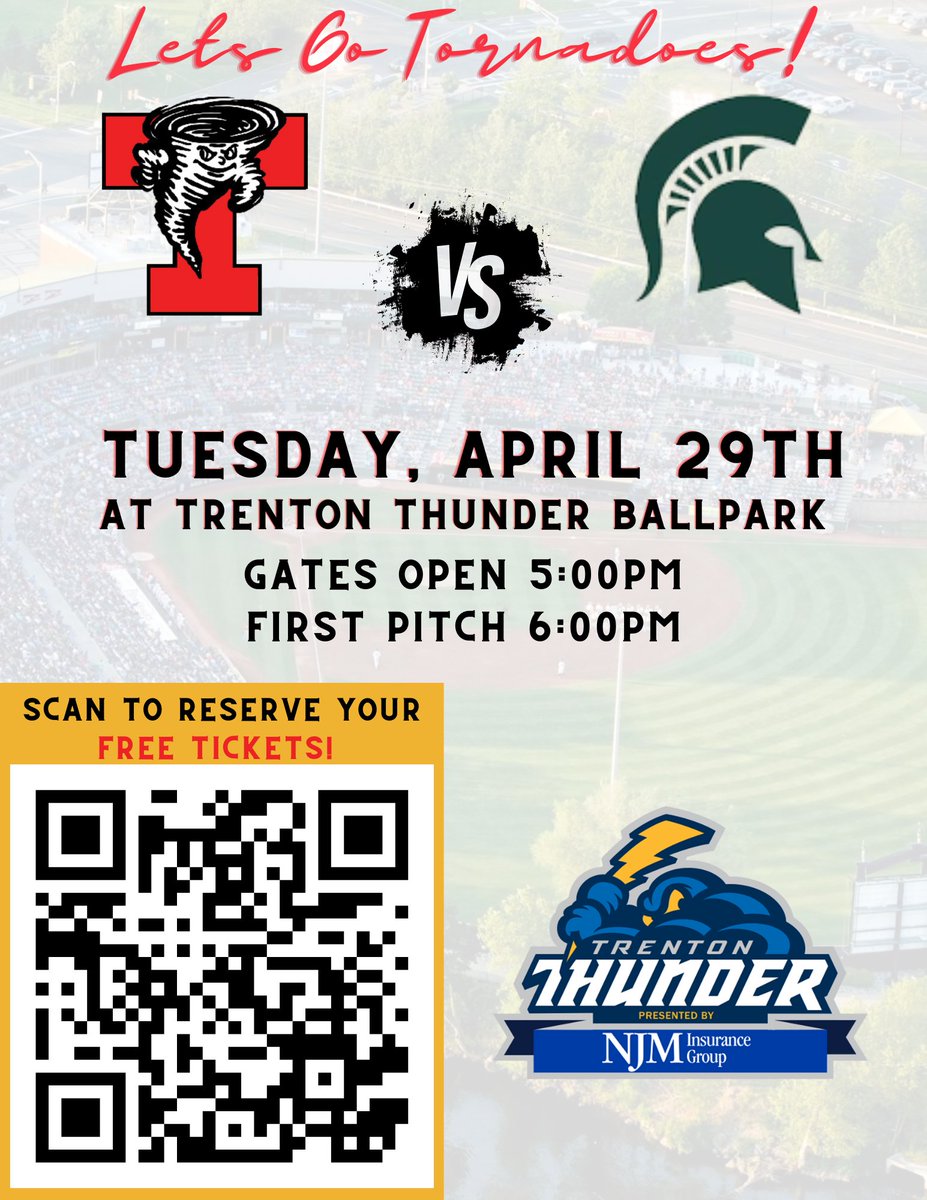 The TCHS Baseball Team will play Steinert HS on April 29, 6 p.m., at Trenton Thunder. Tickets are free, but you must "claim your ticket" here: bit.ly/44N7RZH 🏟️⚾️
- Gates open at 5 p.m.
- Game starts at 6 p.m.
- Concession stands will be open