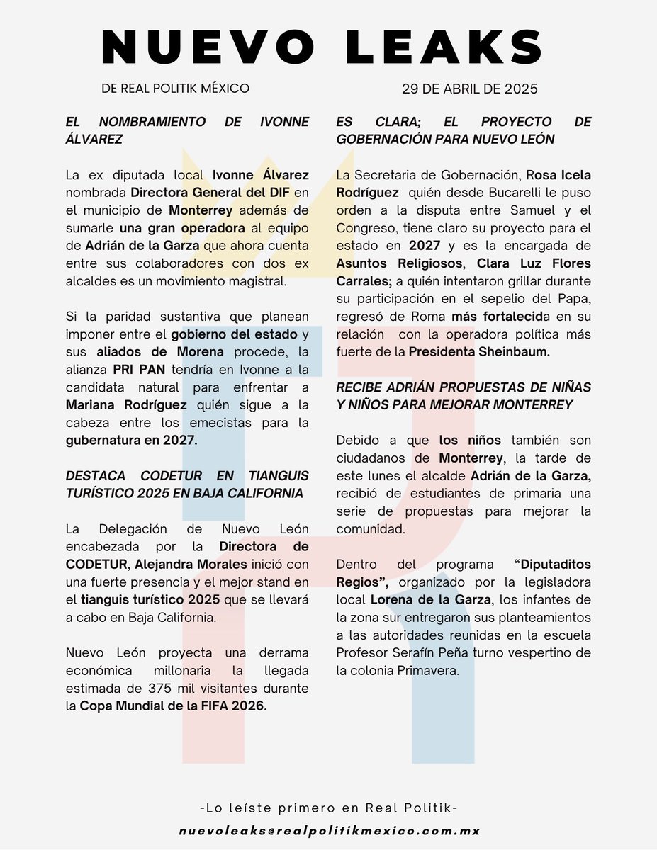 #NuevoLeaks 

El nombramiento de <a href="/alvarez_ivonne/">Ivonne Alvarez</a>… Destaca <a href="/alemoralesmx/">Alejandra Morales</a> en Tianguis Turístico 2025… Es <a href="/claraluzflores/">Clara Luz Flores</a> la candidata de <a href="/SEGOB_mx/">Gobernación</a>… Recibe <a href="/AdrianDeLaGarza/">Adrián de la Garza</a> propuestas de Diputaditos Regios…