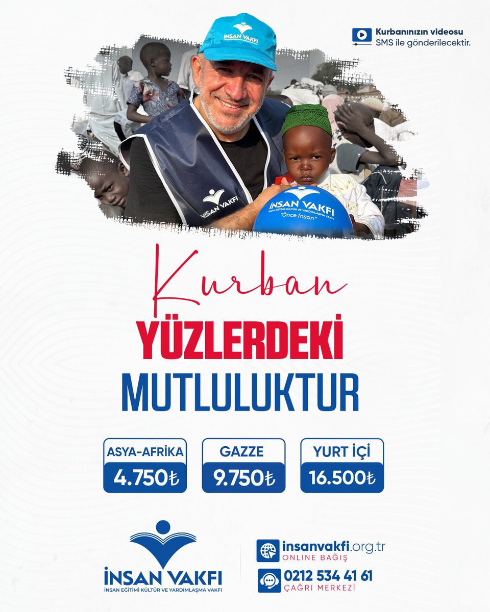 İnsan Vakfı (@insanvakfi) on Twitter photo 🎗Bayramlar, bir ihtiyacı gidermenin vesile olduğu mutluluklarla güzel.
Bayram neşesinin tüm güzellikleriyle her haneye ulaşması, kurban bağışlarınızla mümkün. 🕊
🌐 insanvakfi.org.tr
📞 0212 534 41 61
📩 insanvakfi@insanvakfi.org.tr 🎗Bayramlar, bir ihtiyacı gidermenin vesile olduğu mutluluklarla güzel.
Bayram neşesinin tüm güzellikleriyle her haneye ulaşması, kurban bağışlarınızla mümkün. 🕊
🌐 insanvakfi.org.tr
📞 0212 534 41 61
📩 insanvakfi@insanvakfi.org.tr