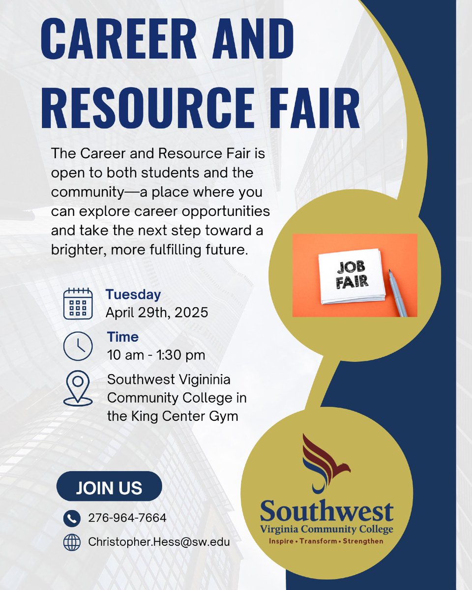 Southwest Virginia Community College (@swcc_tweets) on Twitter photo โผ๏ธ ๐๐๐ฅ๐๐๐ฅ ๐๐๐๐ฅ ๐ง๐ข๐๐๐ฌ โผ๏ธ
Everyone is welcome! Whether you're a student, a job seeker, or someone considering a career change, this is your chance to connect with over 60 employers ready to help you take the next step.
๐ Southwest Virginia Community College, King โผ๏ธ ๐๐๐ฅ๐๐๐ฅ ๐๐๐๐ฅ ๐ง๐ข๐๐๐ฌ โผ๏ธ
Everyone is welcome! Whether you're a student, a job seeker, or someone considering a career change, this is your chance to connect with over 60 employers ready to help you take the next step.
๐ Southwest Virginia Community College, King