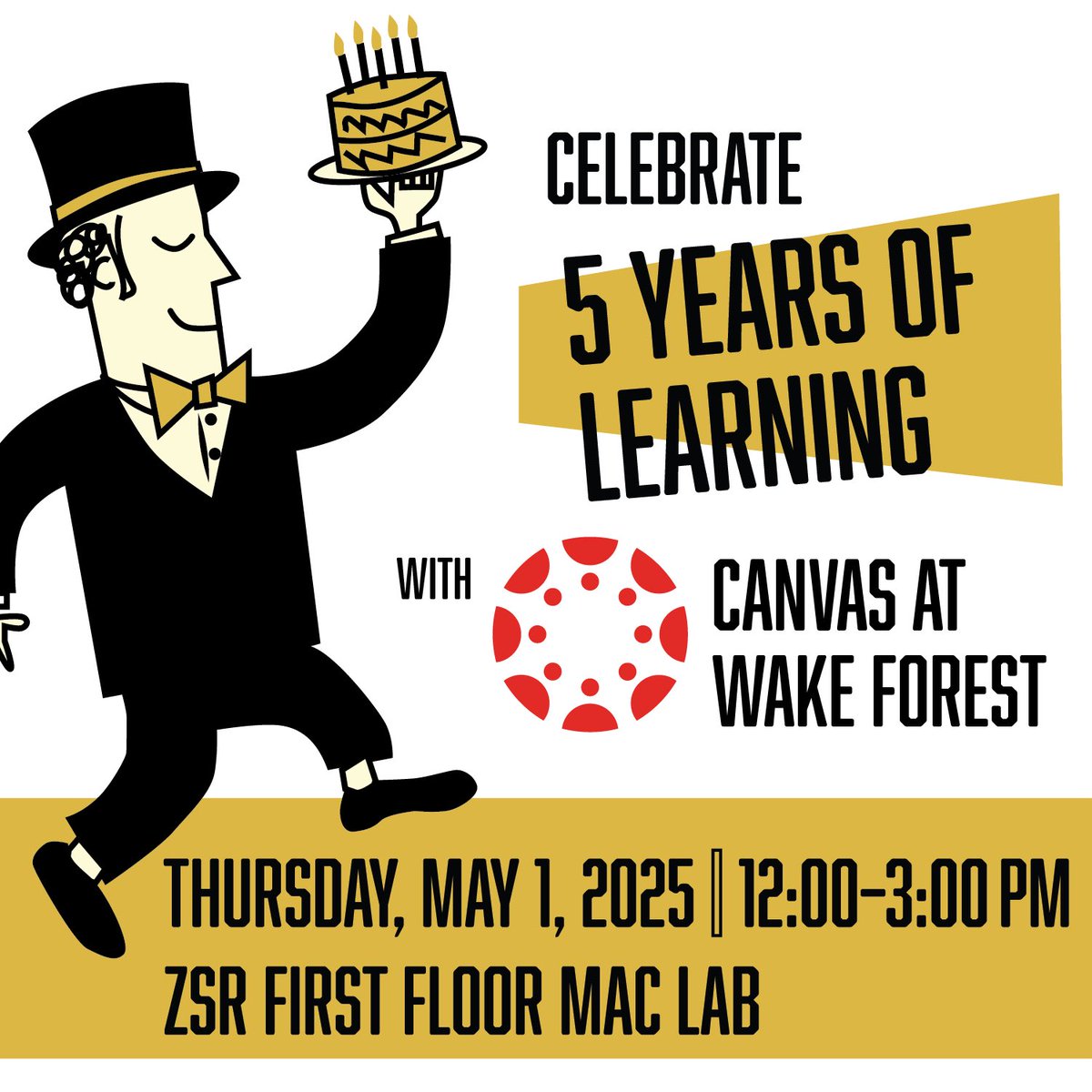 We’re 🎉 celebrating 🥳 being a Canvas campus for 5 years! Join us in the Mac Lab, first floor ZSR atrium, this Thursday from 12-3pm for snacks, swag, and a chance to hear from @instructure - Canvas’ parent company - team members. Open to all faculty, staff and students!