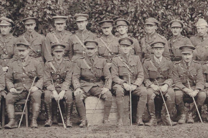 Detail from a photograph of the officers of 11/East Lancashire (#AccringtonPals) taken at Sarton in October 1916. Full version can be found at pals.org.uk/officers2.htm. Photo kindly provided by Peter Bell.
