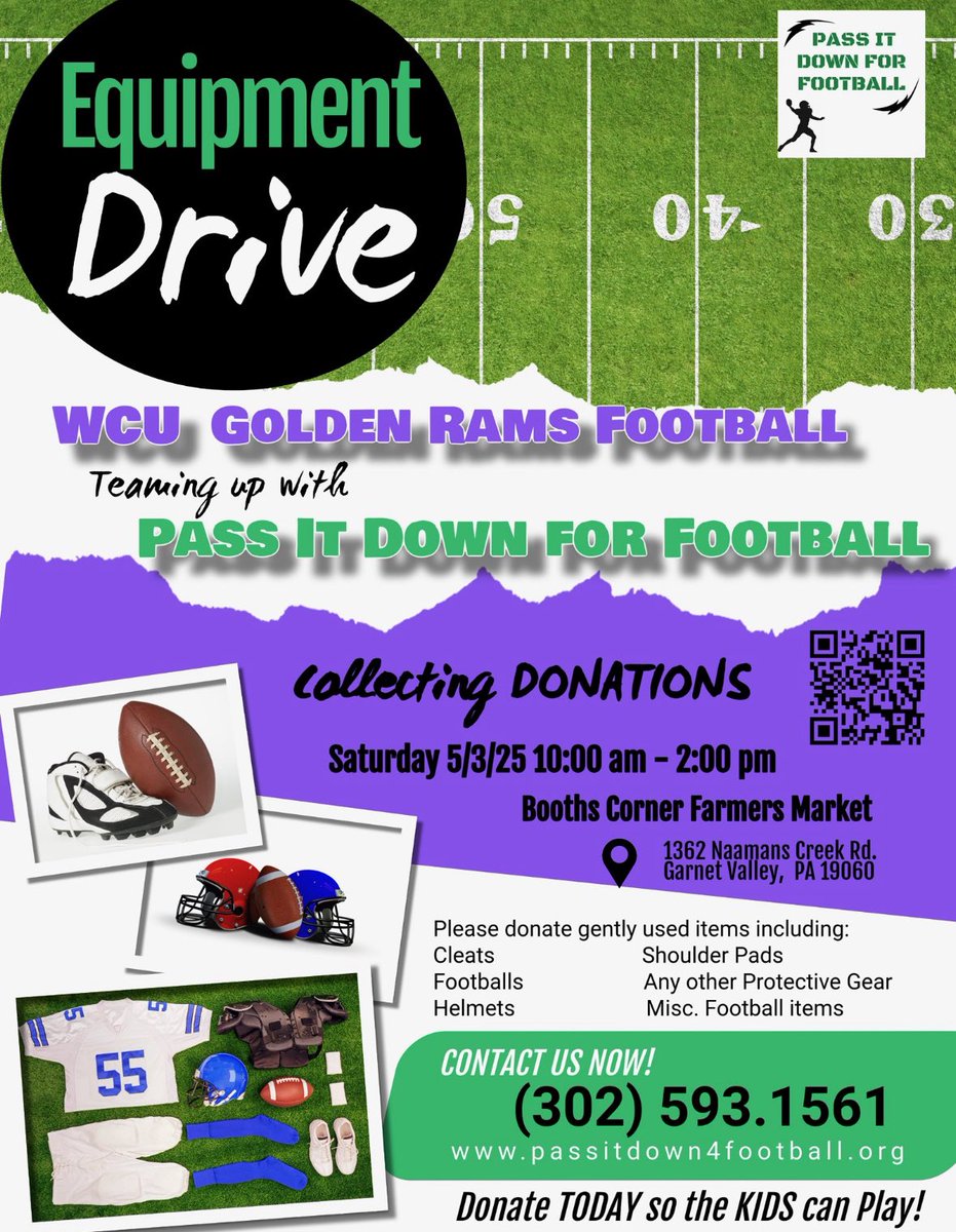 WCUGoldenRamsFB's tweet image. We have teamed up with PASS IT DOWN FOR FOOTBALL! This Saturday, May 3rd we will be collecting donations at the Booths Corner Farmers Market in Garnet Valley. 
#RamPride