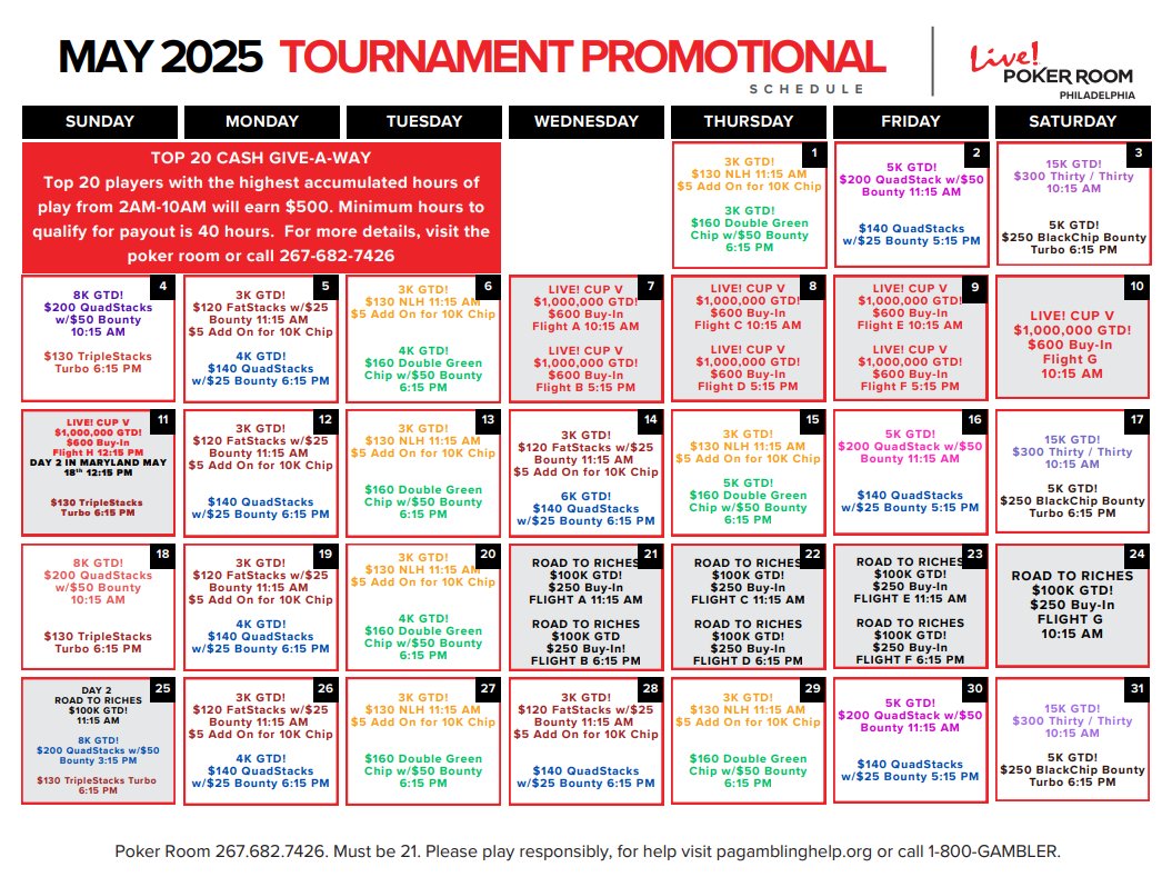 🚨 May is MASSIVE <a href="/LivePoker_PHL/">LivePokerPHL</a>! 🚨
🔥 Live! Cup V kicks off 5/7–5/11
💸 $1K High Hands • $1K Cash Drawings • Overnight Cash Give-A-Ways
Big action, big prizes — all month long.
📅 Check the May tourney &amp; promo calendars below! 👇

Gambling problem? Call 1-800-Gambler.