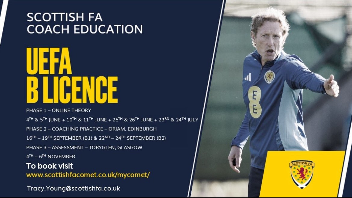 ‼️📢 <a href="/UEFA/">UEFA</a> <a href="/ScottishFA/">Scottish FA</a> B Licence Course 2 – final opportunity ‼️

In person, online &amp; practical learning.

📅 Starts June 2025
📍 Online + Oriam, Edinburgh &amp; Toryglen, Glasgow

🔗 Apply now: scottishfacomet.co.uk/mycomet

#ScottishFACoachEd