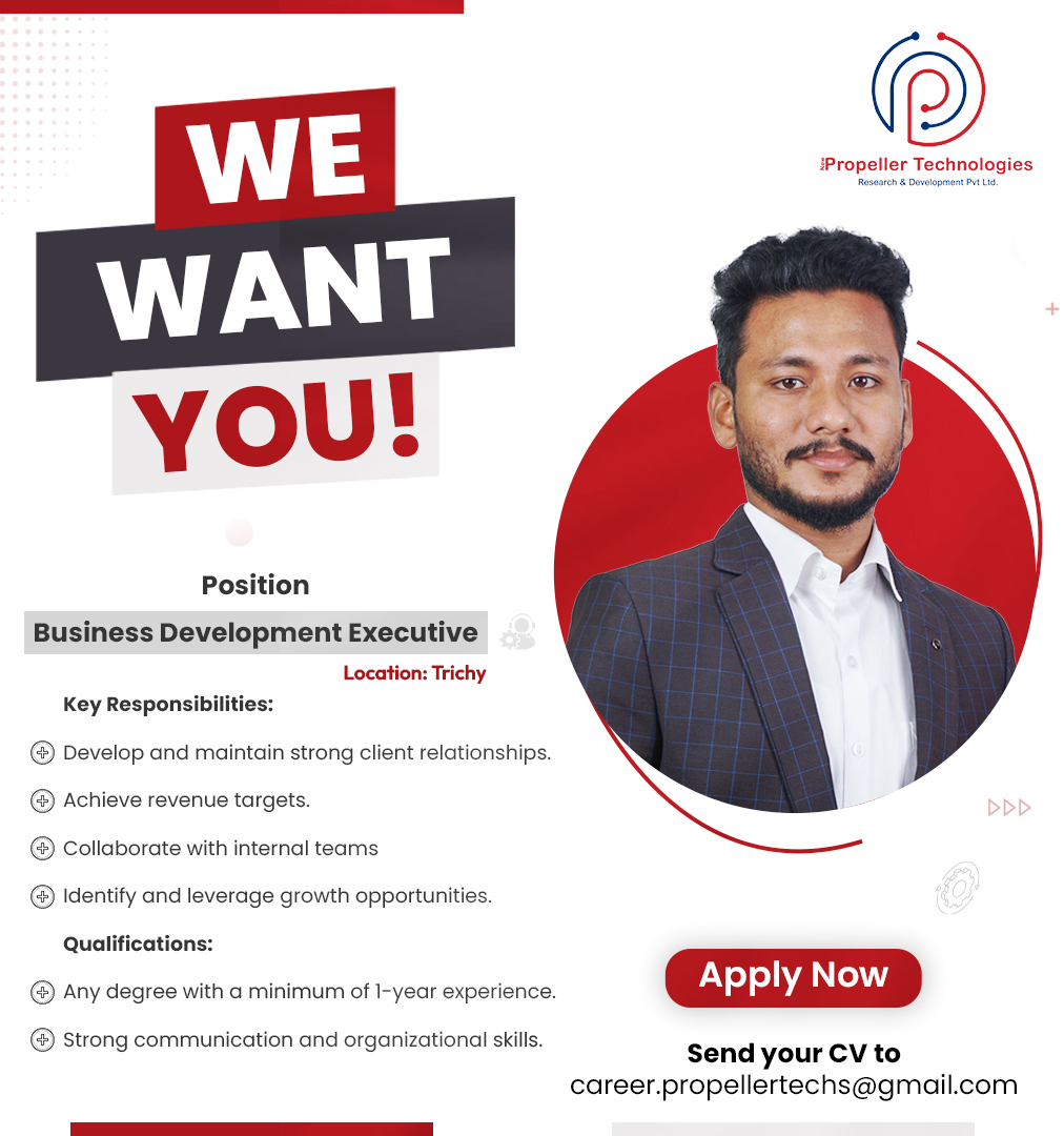 Propeller Technologies (@propellertechs) on Twitter photo WE WANT YOU!
π Role: Business Development Executive |
π Trichy
β
1+ year exp | πΌ Drive revenue growth | π€ Build client relationships
π© Apply: career.propellertechs@gmail.com
Tag a go-getter! π
#Hiring #TrichyJobs #BusinessDevelopment #PropellerTechnologies WE WANT YOU!
π Role: Business Development Executive |
π Trichy
β
1+ year exp | πΌ Drive revenue growth | π€ Build client relationships
π© Apply: career.propellertechs@gmail.com
Tag a go-getter! π
#Hiring #TrichyJobs #BusinessDevelopment #PropellerTechnologies