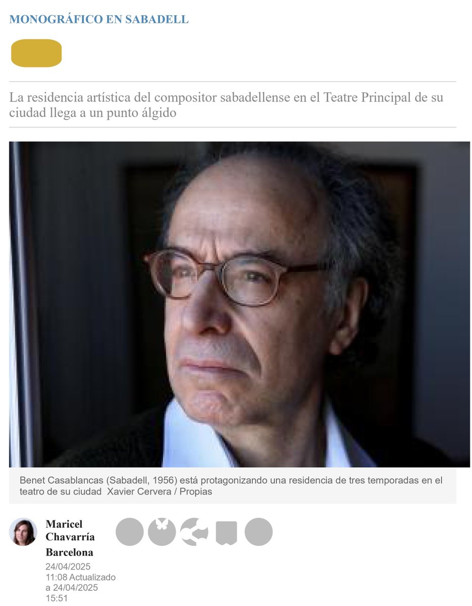 BENETCA's tweet photo. Benet Casablancas o la gratificante sensación de ser profeta en tu tierra por @mcelchavarria
Monográfico en Sabadell: La residencia artística del compositor sabadellense en el TeatrePrincipal de su ciudad llega al punto álgido @liceu1837 @LAuditori @FestSantander @LeticiaMoreno_v https://t.co/9nS4Su76EK