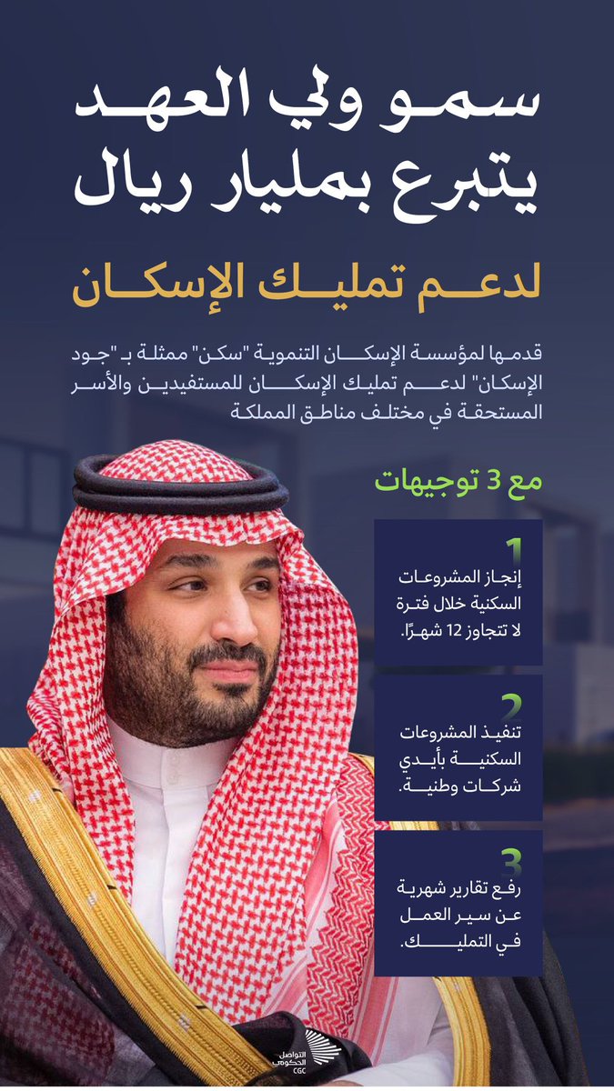 عطاءٌ سخي من القيادة… يبني بيوتًا ، ويصنع جودة الحياة.
ويساهم في إتاحة فرص تملّك السكن الملائم للأسر السعودية.

#جود_الإسكان  
#ولي_العهد_يتبرع_بمليار_للإسكان 
#جمعية_الجوف_للاسكان