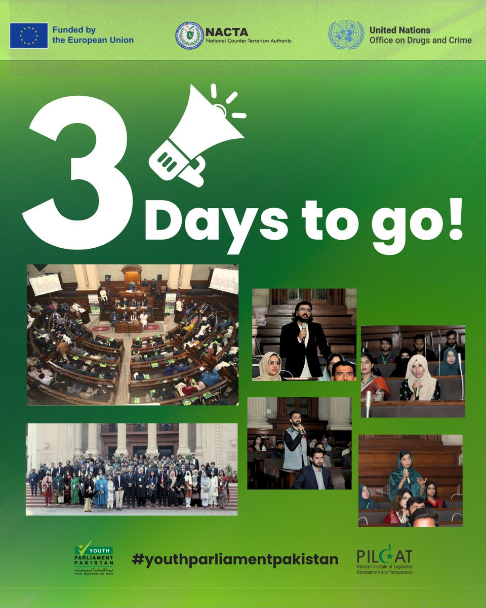 3 Days to Go!
The countdown begins! Just 72 hours until the grand finale of the 18th Youth Parliament Pakistan. Get ready for powerful debates, unforgettable moments, and the final chapter of an inspiring journey. Stay tuned — the best is yet to come.
#YouthParliamentPakistan