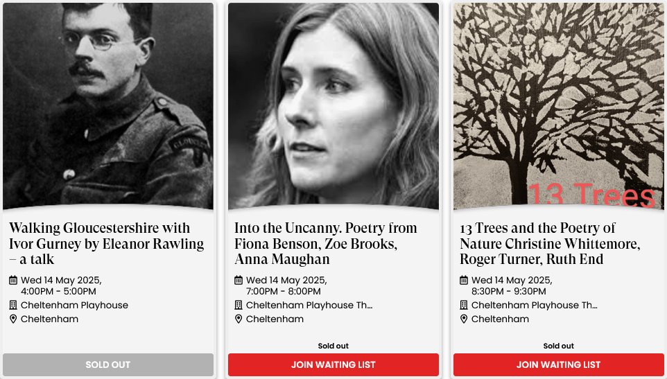 Anna Saunders (@annasaund1) on Twitter photo 7 events at <a href="/Cheltpoetfest/">CheltenhamPoetryFest</a> have now sold out and they include 13 Trees, #FionaBenson, #IvorGurney talk.
But you still have time to snap up a ticket for events inc #RobinInce #Michaelsymmonsroberts @seanborodale #slam
ticketsource.co.uk/cheltenhampoet… 7 events at <a href="/Cheltpoetfest/">CheltenhamPoetryFest</a> have now sold out and they include 13 Trees, #FionaBenson, #IvorGurney talk.
But you still have time to snap up a ticket for events inc #RobinInce #Michaelsymmonsroberts @seanborodale #slam
ticketsource.co.uk/cheltenhampoet…
