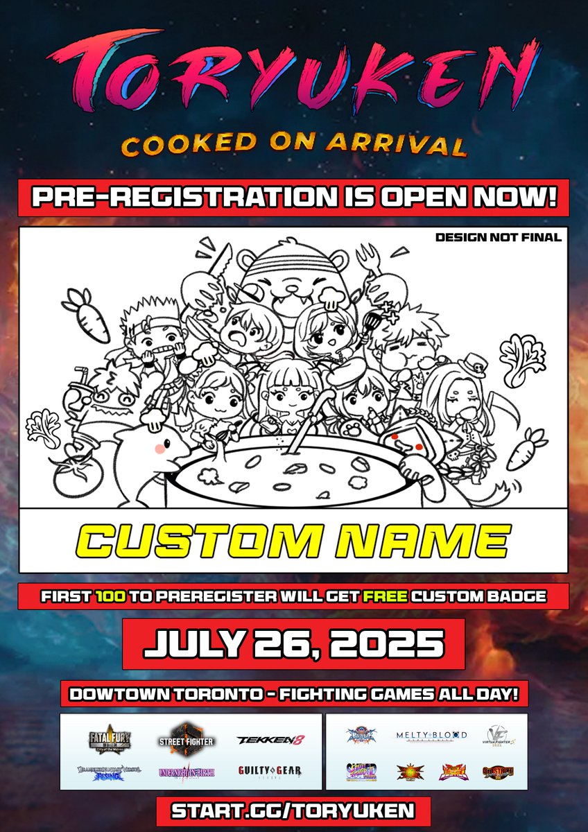 TTT Events Info @ http://info.torontotoptiers.com (@torontotoptiers) on Twitter photo UPDATE: YOU COOKED TOO FAST!
The first 50 preregistrations filled up in just 24 hours — amazing! Thank you all for the support.
We’re excited to extend the FREE custom badge offer to the first 100 preregistered players!
start.gg/toryuken
#TORYUKEN #TorontoFGC UPDATE: YOU COOKED TOO FAST!
The first 50 preregistrations filled up in just 24 hours — amazing! Thank you all for the support.
We’re excited to extend the FREE custom badge offer to the first 100 preregistered players!
start.gg/toryuken
#TORYUKEN #TorontoFGC