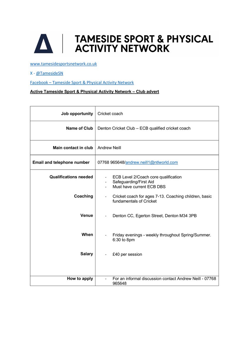 Active Tameside Sport & Physical Activity Network (@tamesidesn) on Twitter photo 📢Cricket coaching vacancy - <a href="/Denton_CC/">Denton Cricket Club</a> all details below, please share with any experienced coaches #Cricket #tameside 🏏🏏🏏<a href="/active_tameside/">Active Tameside</a> 📢Cricket coaching vacancy - <a href="/Denton_CC/">Denton Cricket Club</a> all details below, please share with any experienced coaches #Cricket #tameside 🏏🏏🏏<a href="/active_tameside/">Active Tameside</a>