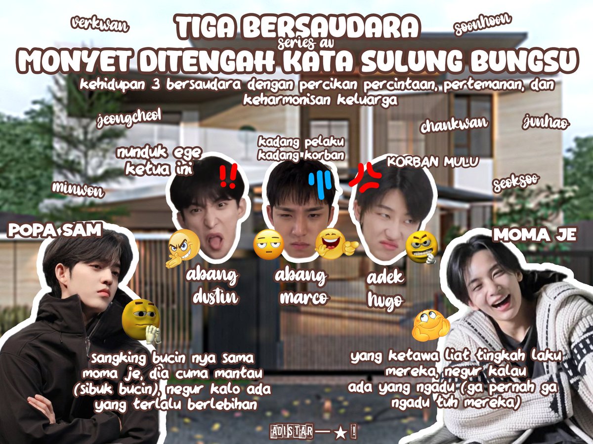 "tiga bersaudara monyet ditengah" kata sulung bungsu.

jeongcheol ft. dokyeom, mingyu, minghao as anak mereka
bakalan ada kapal lain nya (junhao, soonhoon, minwon, chankwan, verkwan, seoksoo, dkk)

svt au (kapal svt bxb) // series au 一 ★ !