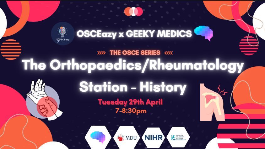 OSCEazy (@osceazyofficial) on Twitter photo ‼️OSCEAZY X GEEKY MEDICS OSCE SERIES ‼️
🚨 Join our OSCE series event covering The Orthopaedic/Rheumatology history Station !🚨
🗓️ TONIGHT!!
⏰ 7-8.30 pm (UK)
🎯 In partnership with <a href="/geekymedics/">Geeky Medics</a>, this series is designed to help you achieve top results in your OSCE/ISCE exams! ‼️OSCEAZY X GEEKY MEDICS OSCE SERIES ‼️
🚨 Join our OSCE series event covering The Orthopaedic/Rheumatology history Station !🚨
🗓️ TONIGHT!!
⏰ 7-8.30 pm (UK)
🎯 In partnership with <a href="/geekymedics/">Geeky Medics</a>, this series is designed to help you achieve top results in your OSCE/ISCE exams!