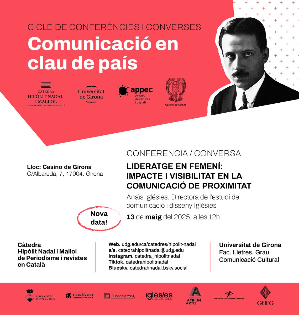Càtedra Hipòlit Nadal de Revistes en Català (@catedrahnadal) on Twitter photo Ateses les conseqüències provocades per l’apagada, s’ha hagut de suspendre la conferència d'avui “Lideratge en femení: impacte i visibilitat en la comunicació de proximitat” d’Anaïs Iglésies. Sessió posposada pel dia 13 de maig. Adjuntem el flyer amb la nova data <a href="/univgirona/">Universitat de Girona</a> Ateses les conseqüències provocades per l’apagada, s’ha hagut de suspendre la conferència d'avui “Lideratge en femení: impacte i visibilitat en la comunicació de proximitat” d’Anaïs Iglésies. Sessió posposada pel dia 13 de maig. Adjuntem el flyer amb la nova data <a href="/univgirona/">Universitat de Girona</a>
