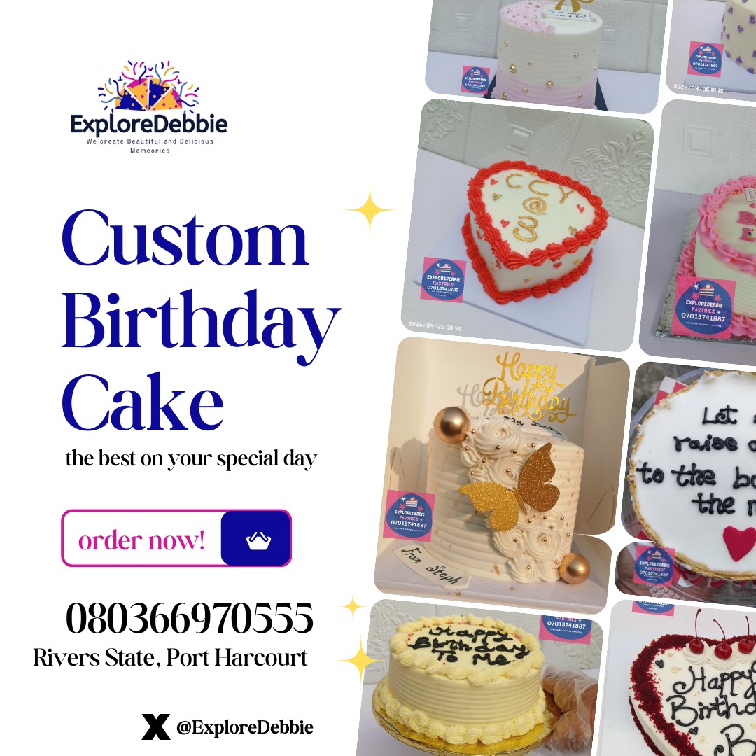 ExploreDebbie PH๐ณ๐ฌ (@exploredebbie) on Twitter photo Celebrate your special day with a cake as unforgettable as you are! At <a href="/ExploreDebbie/">ExploreDebbie PHC - Cake | Small Chops | Food Tray</a>, we craft custom birthday cakes that are both delicious and beautifully designed to match your unique style.
๐ Located in Rivers State, Port Harcourt
๐ Call or WhatsApp: 08036697055 Celebrate your special day with a cake as unforgettable as you are! At <a href="/ExploreDebbie/">ExploreDebbie PHC - Cake | Small Chops | Food Tray</a>, we craft custom birthday cakes that are both delicious and beautifully designed to match your unique style.
๐ Located in Rivers State, Port Harcourt
๐ Call or WhatsApp: 08036697055