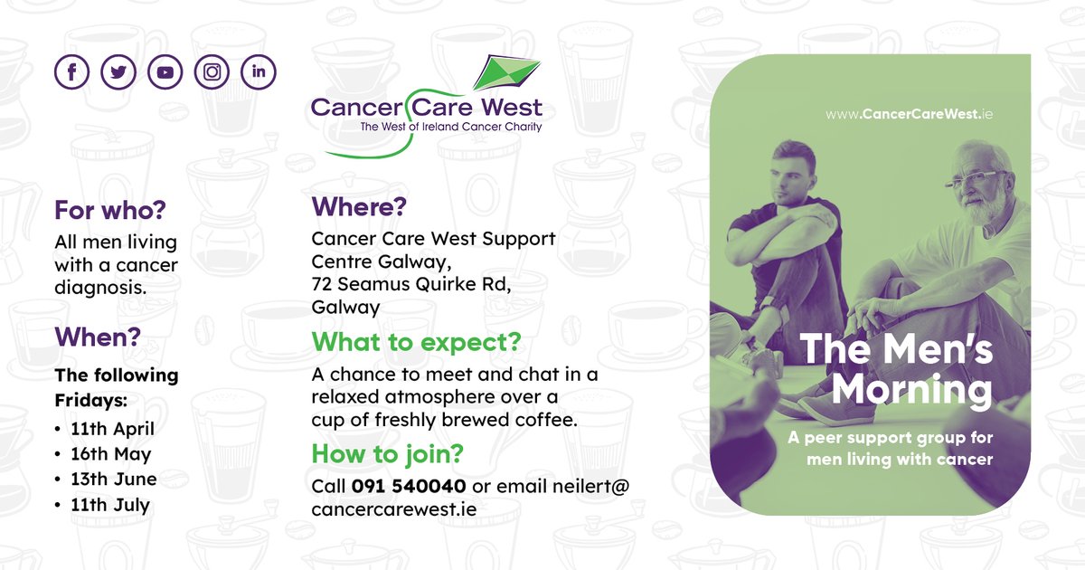 cancercarewest (@cancercarewest) on Twitter photo Our Mens Morning is a relaxed peer #SupportGroup which is free to attend & is for all men living with a #cancer diagnosis. The next session is taking place on the 16th of May in our #Galway Support Centre. To book ๐ 091 540040 or โ๏ธ neilert@cancercarewest.ie Our Mens Morning is a relaxed peer #SupportGroup which is free to attend & is for all men living with a #cancer diagnosis. The next session is taking place on the 16th of May in our #Galway Support Centre. To book ๐ 091 540040 or โ๏ธ neilert@cancercarewest.ie
