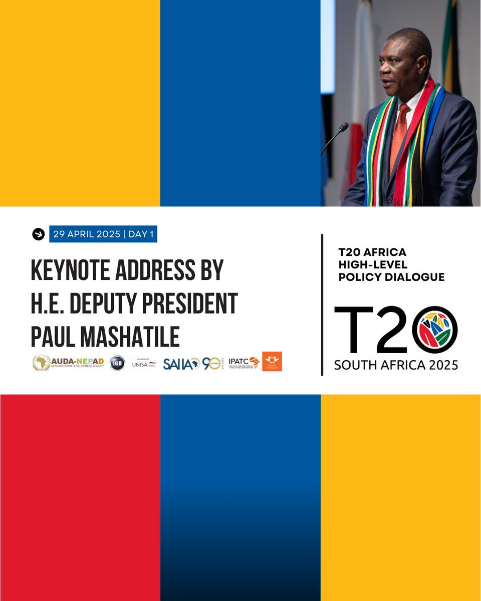 T20 South Africa (@t20org) on Twitter photo Deputy President of South Africa, H.E. <a href="/PMashatile/">Paul Mashatile🇿🇦</a>, delivers the keynote address.
"Africa is ours and we must create the Africa we want. We must build on the ideas of our visionary leaders who committed themselves to the advancement of African nations."
#T20Africa Deputy President of South Africa, H.E. <a href="/PMashatile/">Paul Mashatile🇿🇦</a>, delivers the keynote address.
"Africa is ours and we must create the Africa we want. We must build on the ideas of our visionary leaders who committed themselves to the advancement of African nations."
#T20Africa