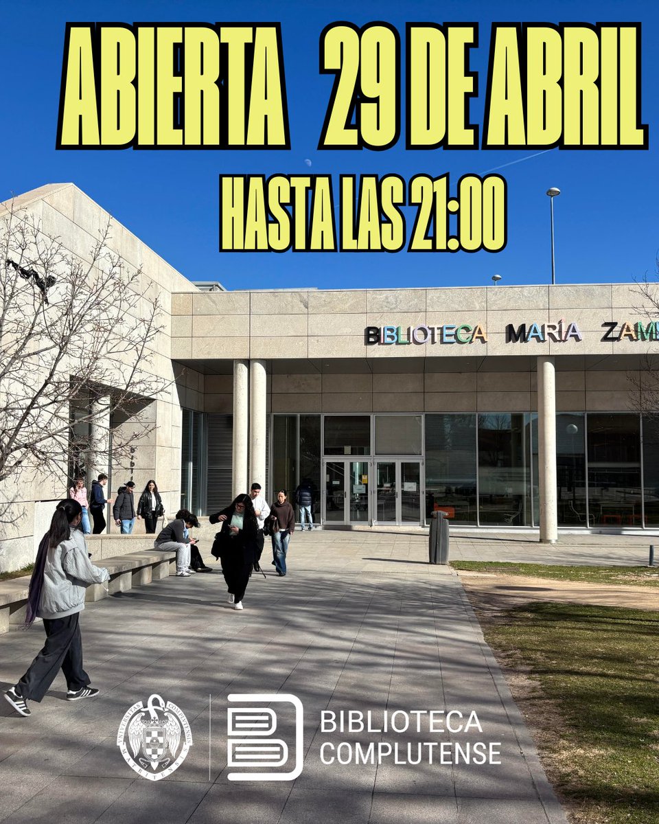 Biblioteca Complutense (@bcomplutense) on Twitter photo ¡Buenos días!
➡️➡️ La Biblioteca María Zambrano está abierta hoy 29 de abril y cerrará a las 21:00.
➡️ A partir del jueves día 1 de mayo será obligatorio presentar el carné de la <a href="/unicomplutense/">Complutense</a> para acceder.
#BibliotecaComplutense ¡Buenos días!
➡️➡️ La Biblioteca María Zambrano está abierta hoy 29 de abril y cerrará a las 21:00.
➡️ A partir del jueves día 1 de mayo será obligatorio presentar el carné de la <a href="/unicomplutense/">Complutense</a> para acceder.
#BibliotecaComplutense
