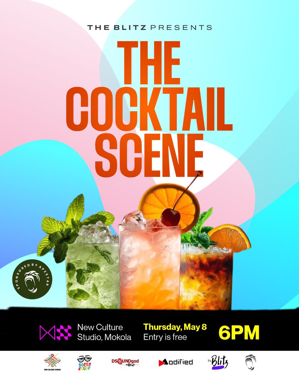 TheBlitzz__'s tweet photo. The Blitz presents THE COCKTAIL SCENE

Venue: New Culture Studio, Mokola
Date: Thursday, May 8 | Time: 6PM
Entry: Free!
Sponsored by Apestar

Come network, unwind, and vibe with the city’s most creative minds. 

#theblitz #CocktailScene #IbadanEvents #creativehangout #Apestar https://t.co/FIJQ1CpIwf