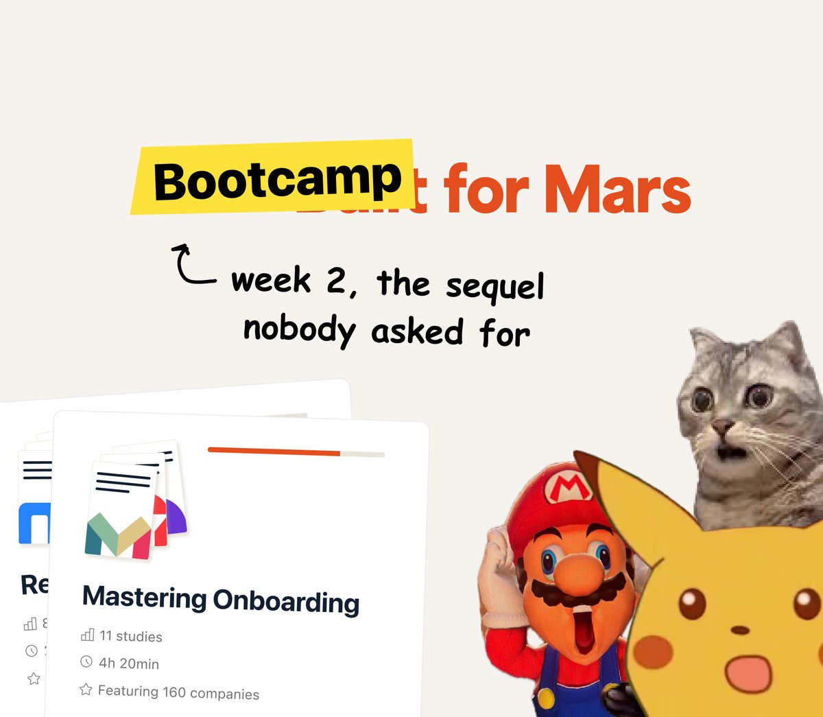 Stats from week 1:

• 72% of people who enrolled in the UX Bootcamp, actually engaged.
• Just over 1,000 people completed week 1.
• 2 people quit (the other 28% just quietly gave up).