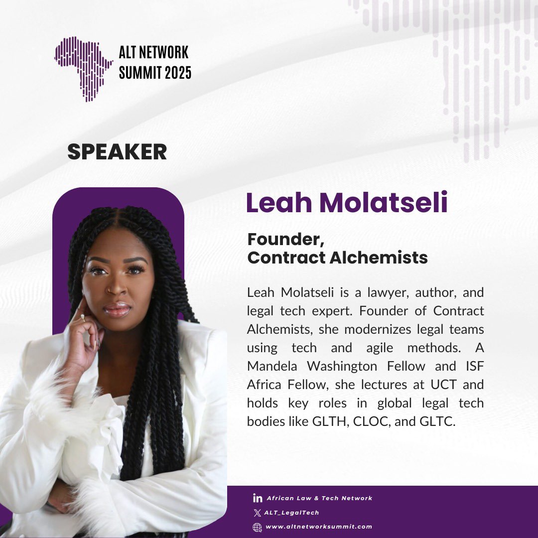 ALT_LegalTech's tweet photo. We are excited to announce Leah Molatseli, Founder of @ContractAlc, will be speaking at the #ALTSummit2025 on "Developing Future Lawyers &amp; Policymakers: Capacity Building in a Digital Age"

For more info visit: https://t.co/xSYkjwvSBM

📅13 - 14 May
📍Ubumwe Grande Hotel, Kigali https://t.co/8FinhFKNmy