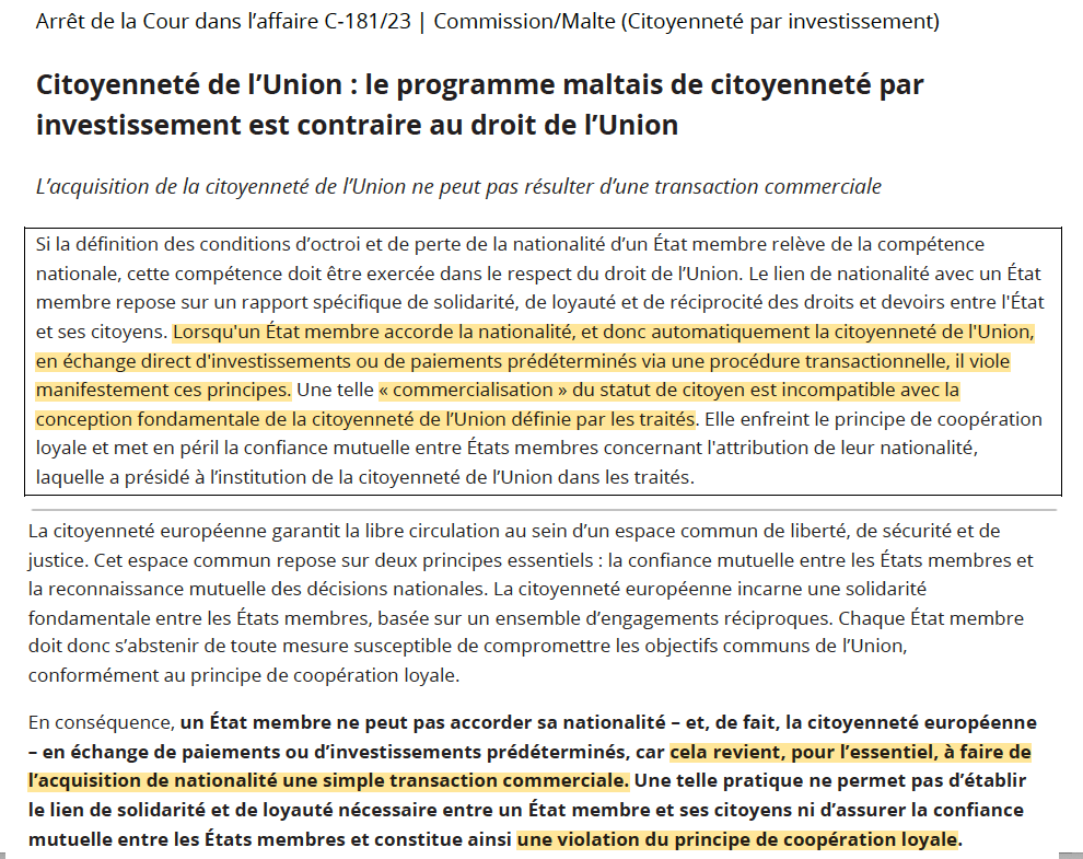 Citoyenneté européenne : Par un important arrêt, la CJUE juge que la citoyenneté de l’Union ne peut résulter d’une transaction commerciale.

Car une telle « commercialisation » est incompatible avec la conception fondamentale de la citoyenneté de l’Union.

Camouflet pour Malte...