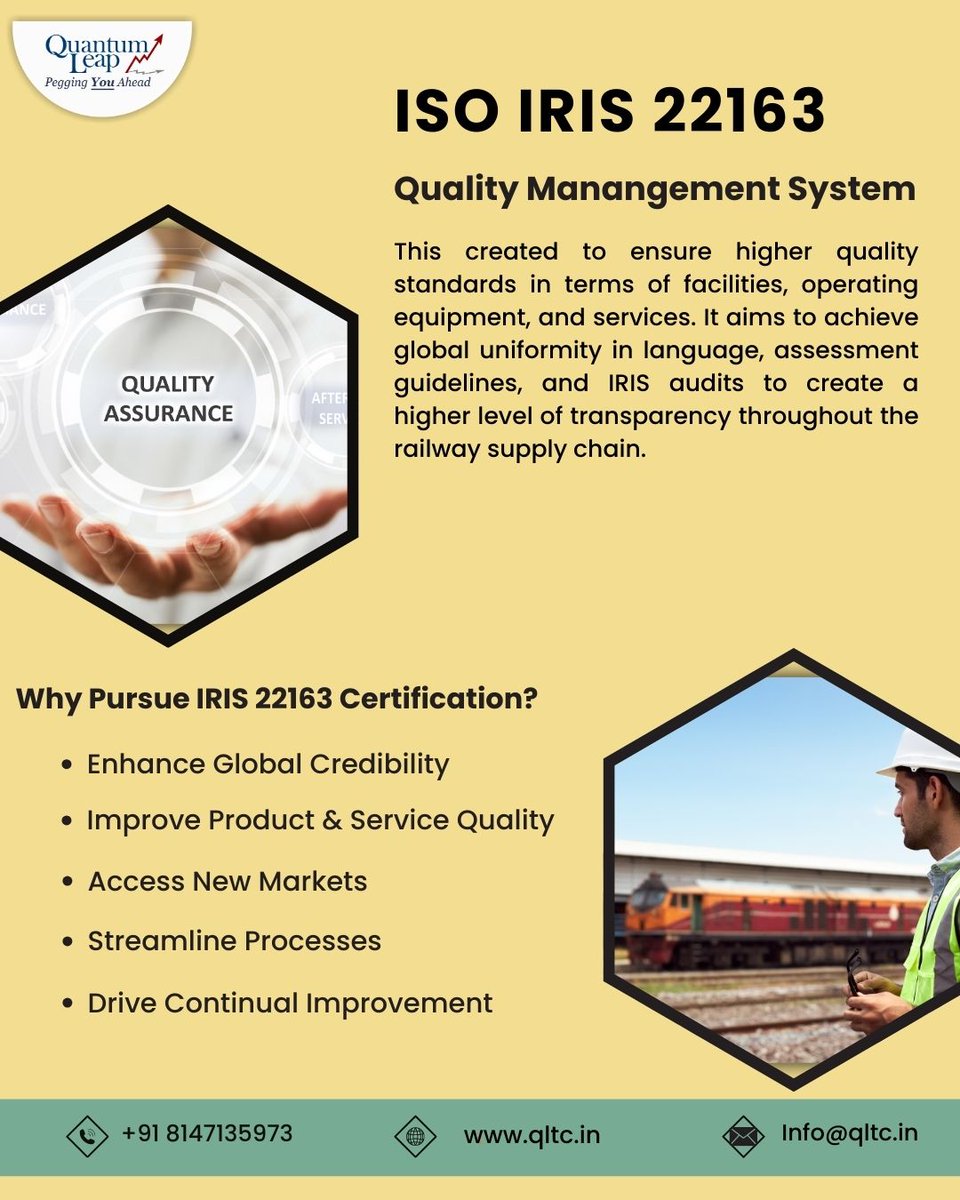 qltc_in's tweet photo. Looking to enter global railway markets?

IRIS 22163:2023 is your gateway to trust, quality, and growth.
Quantum Leap helps you align with international standards &amp; excel globally.
Let’s set your business on track! 🌍🚄

#IRIS22163 #RailwayExcellence #QuantumLeap https://t.co/5sJIRgIixH