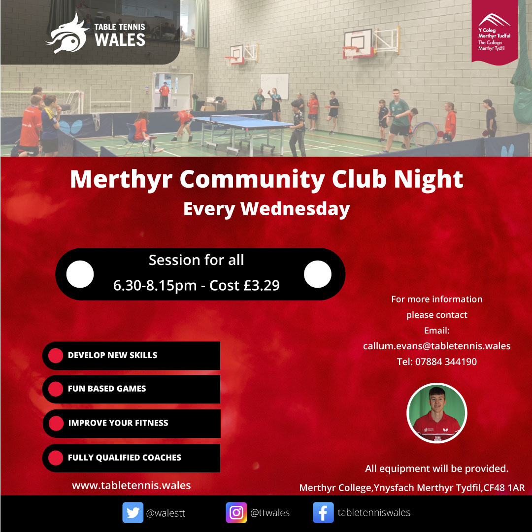 Table Tennis Wales (@walestt) on Twitter photo 🏓Table tennis sessions open to anyone EVERY Wednesday at <a href="/MsportsacademyC/">Merthyr College Sports Academy</a>!
Get yourself down there!
Or find a club closer to you➡tabletennis.wales/clubs/
<a href="/sportwales/">Sport Wales</a> <a href="/dsw_news/">Disability Sport Wales</a> <a href="/ActiveMerthyr/">Active Merthyr</a> <a href="/WelshCollegeSpo/">Welsh Colleges Sport</a> 🏓Table tennis sessions open to anyone EVERY Wednesday at <a href="/MsportsacademyC/">Merthyr College Sports Academy</a>!
Get yourself down there!
Or find a club closer to you➡tabletennis.wales/clubs/
<a href="/sportwales/">Sport Wales</a> <a href="/dsw_news/">Disability Sport Wales</a> <a href="/ActiveMerthyr/">Active Merthyr</a> <a href="/WelshCollegeSpo/">Welsh Colleges Sport</a>