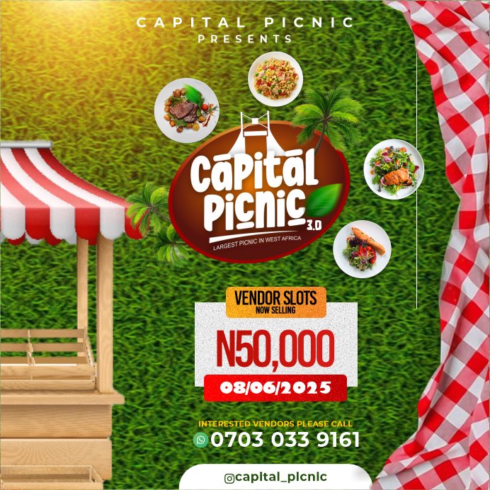 CapitalPicnic's tweet photo. The biggest Picnic event in West Africa is happening live this June!

Join over 3,000 Abuja residents in this picnic of a lifetime!

Vendor slots are available for sale: ₦50,000

To be a vendor WhatsApp: https://t.co/NJvxd8Xj8x

#CapitalPicnic #AbujaTwitterCommunity https://t.co/rasn4h8CVk