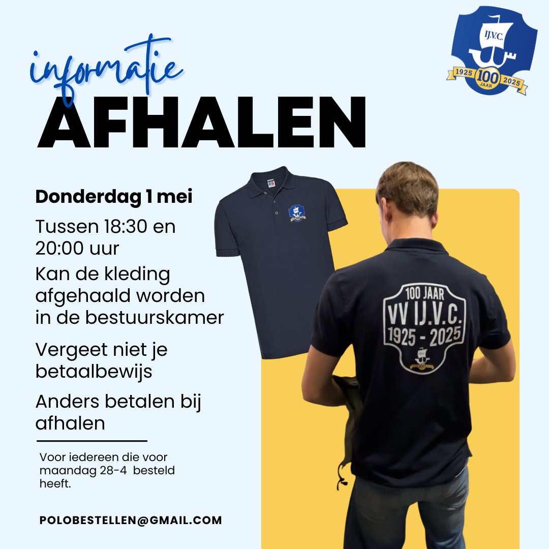 vvIJVC's tweet photo. Donderdag 1 mei kunnen de bestelde polo's afgehaald worden.

Tijdens het jubileumweekend is er nog een minimale verkoop.

Nog geen polo / t-shirt, dan kan je deze altijd nog bestellen. https://t.co/yEvF7wsGFF