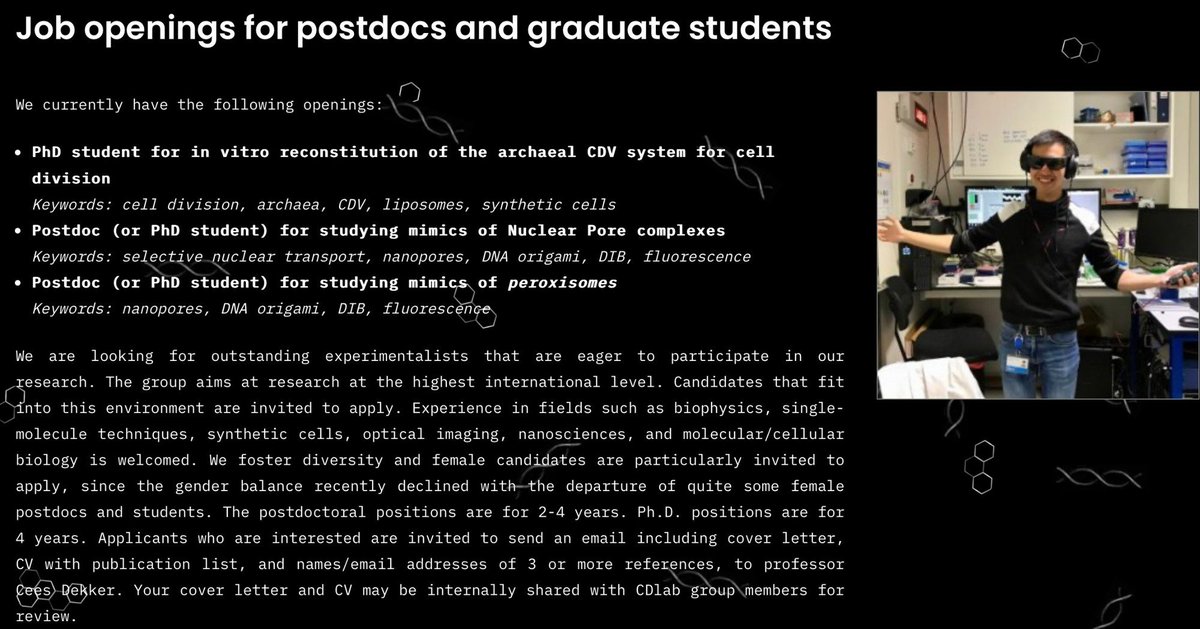 We have 3 openings for ambitious postdocs or PhD students in our #CDlab - for exciting single-molecule biophysics research on nuclear pores, peroxisomes, or archaeal divisomes.

Check it out and apply: ceesdekkerlab.nl/come-join-us/